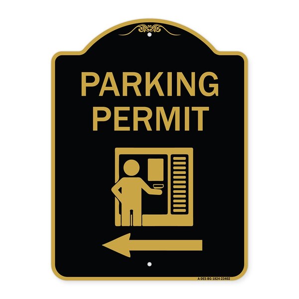 Parking Permit With Left Arrow, Black & Gold Aluminum Architectural Sign, 18" x 24", BG-1824-23402